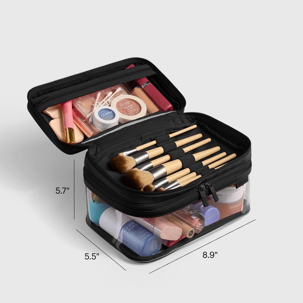 imageAway Clear Cosmetic Case for Travel TSA Approved Double Compartment Makeup amp Cosmetic Organizer with Leather Handle Transparent CarryOn Pouch for Toiletries Brushes amp EssentialsJet Black