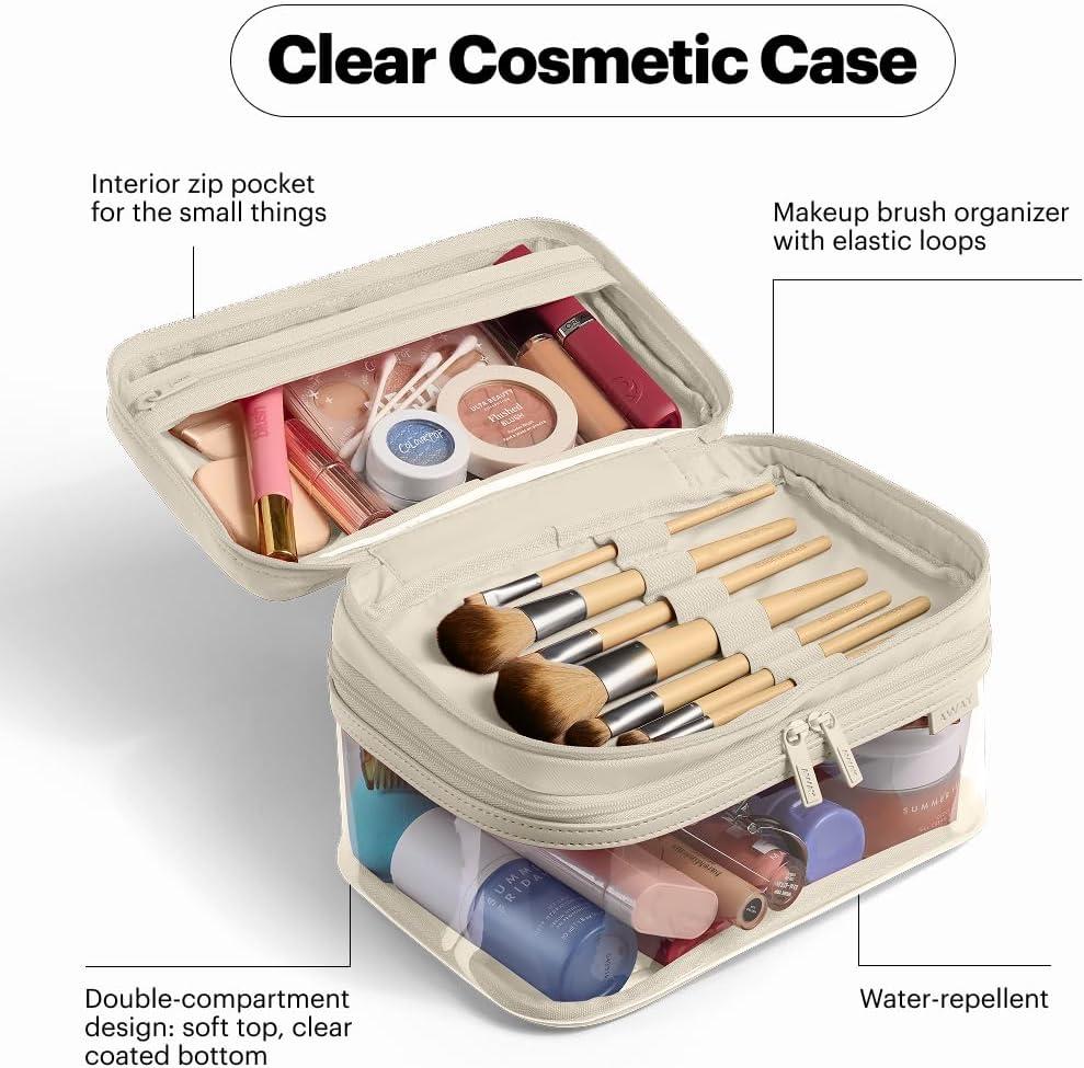 imageAway Clear Cosmetic Case for Travel TSA Approved Double Compartment Makeup amp Cosmetic Organizer with Leather Handle Transparent CarryOn Pouch for Toiletries Brushes amp EssentialsJet Black