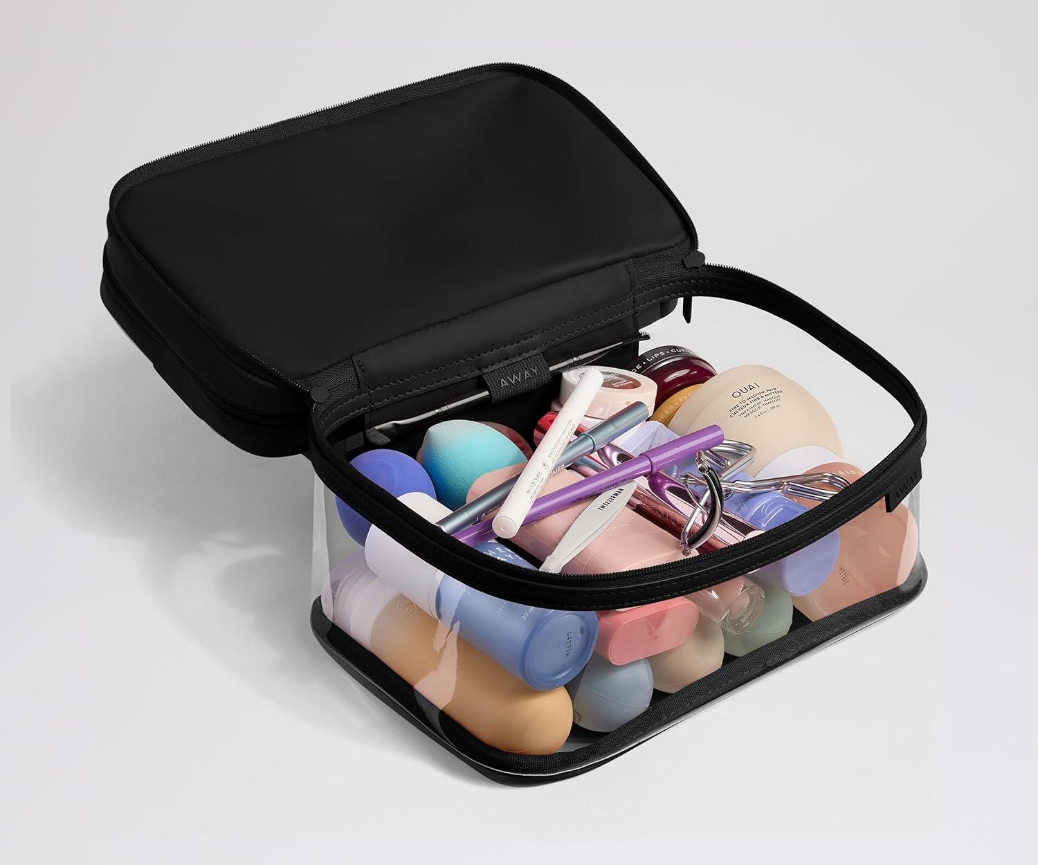 imageAway Clear Cosmetic Case for Travel TSA Approved Double Compartment Makeup amp Cosmetic Organizer with Leather Handle Transparent CarryOn Pouch for Toiletries Brushes amp EssentialsJet Black