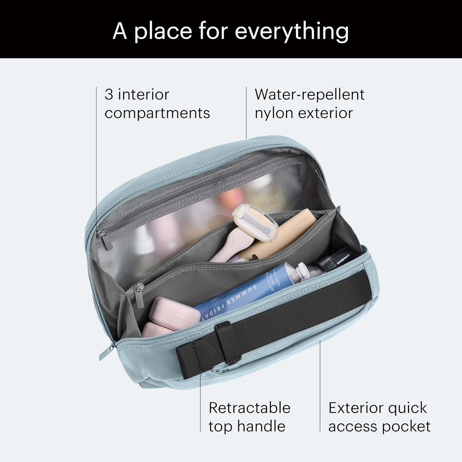 imageAway Amazon Exclusive Large Toiletry Bag WaterRepellent Travel Toiletry Bag with Clamshell Opening Interior Compartments Exterior Zip Pocket Sky BlueSky Blue