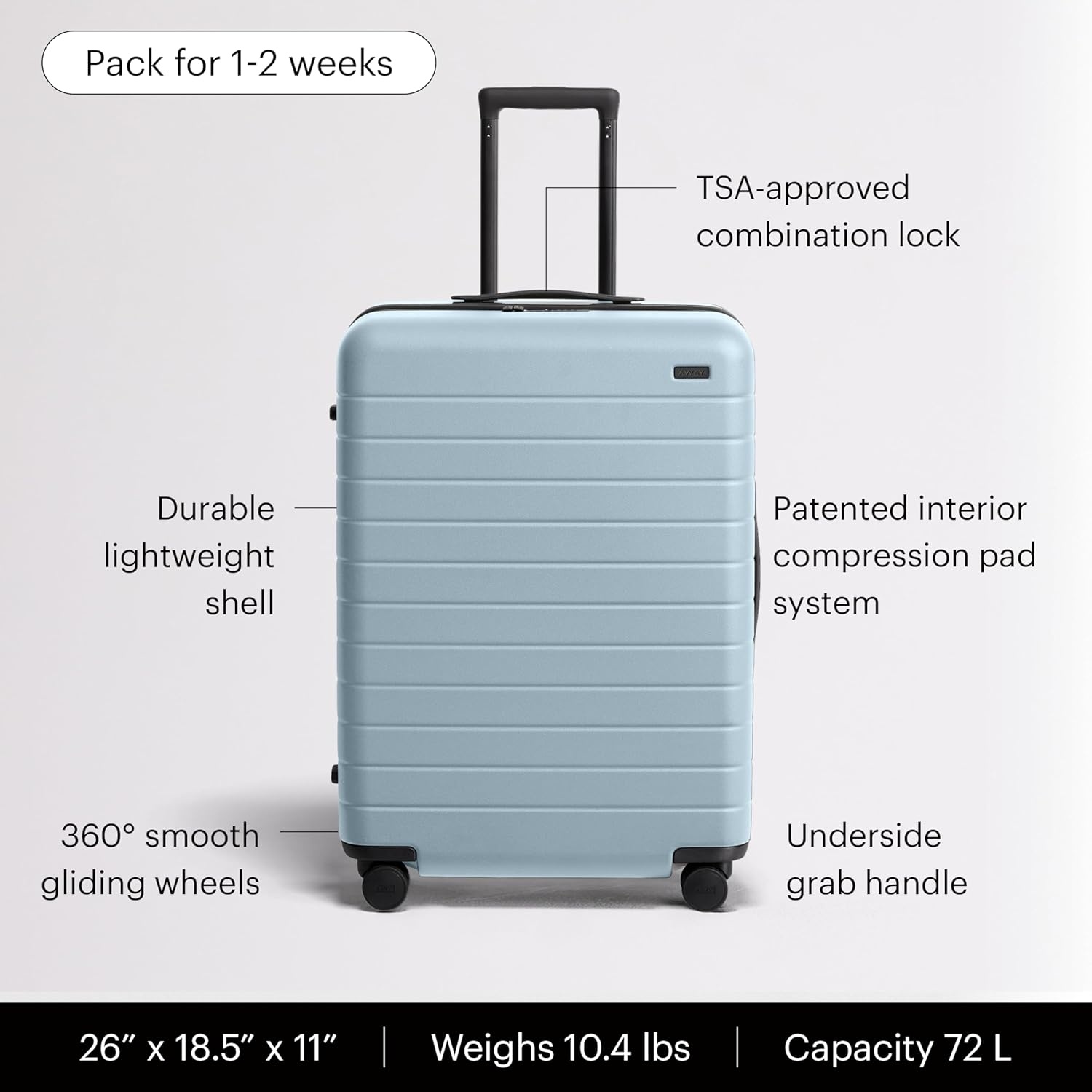 image:imageAway Amazon Exclusive Large Checked Luggage 29Inch Lightweight Hardside Suitcase with Four WhisperGlide 360 Spinner Wheels Interior Compression System TSAAccepted Lock Sky BlueSky Blue