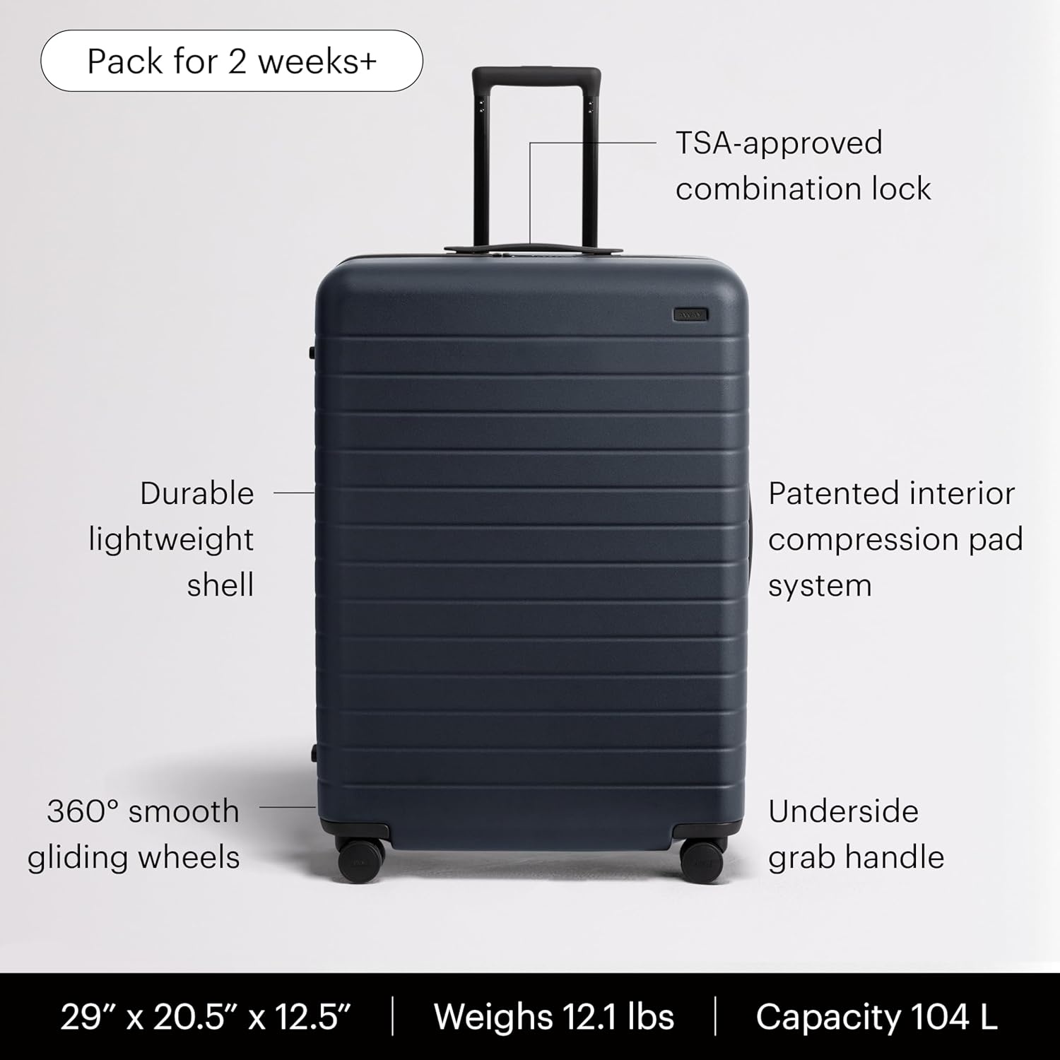 image:imageAway Amazon Exclusive Large Checked Luggage 29Inch Lightweight Hardside Suitcase with Four WhisperGlide 360 Spinner Wheels Interior Compression System TSAAccepted Lock Sky BlueNavy Blue