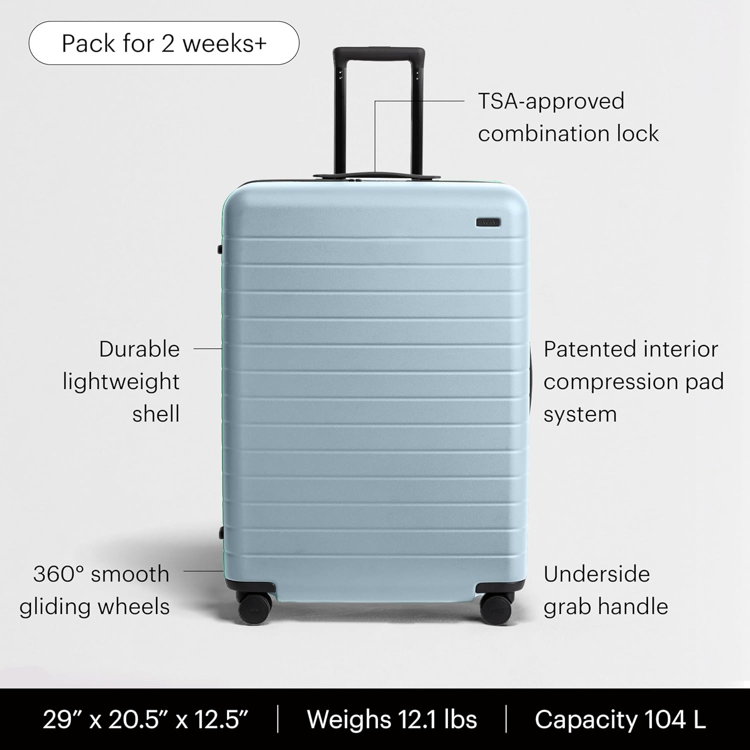 image:imageAway Amazon Exclusive Large Checked Luggage 29Inch Lightweight Hardside Suitcase with Four WhisperGlide 360 Spinner Wheels Interior Compression System TSAAccepted Lock Sky BlueSky Blue