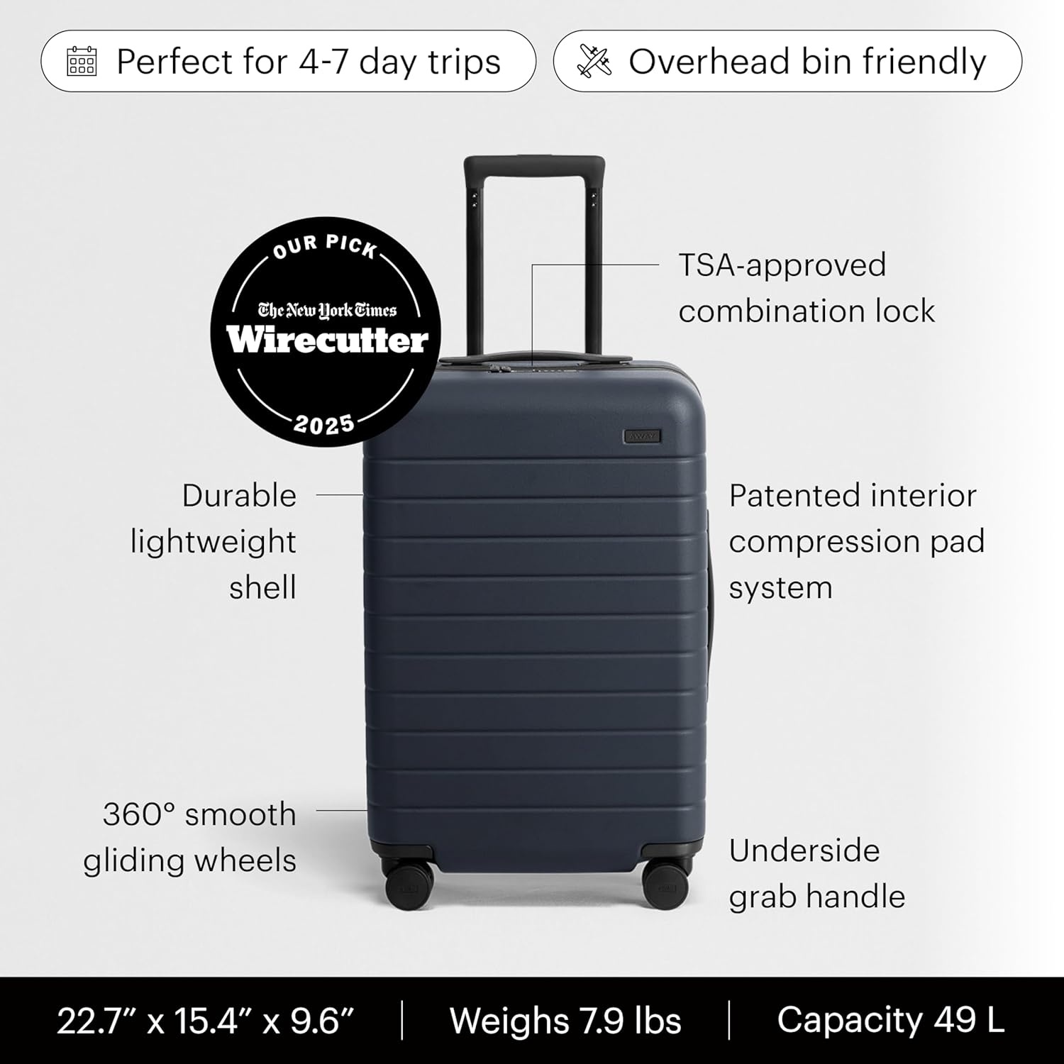 image:imageAway Amazon Exclusive Bigger CarryOn Luggage 23Inch Lightweight Hardside Suitcase with 360 Spinner Wheels Interior Compression System TSAApproved Lock Sky BlueNavy Blue